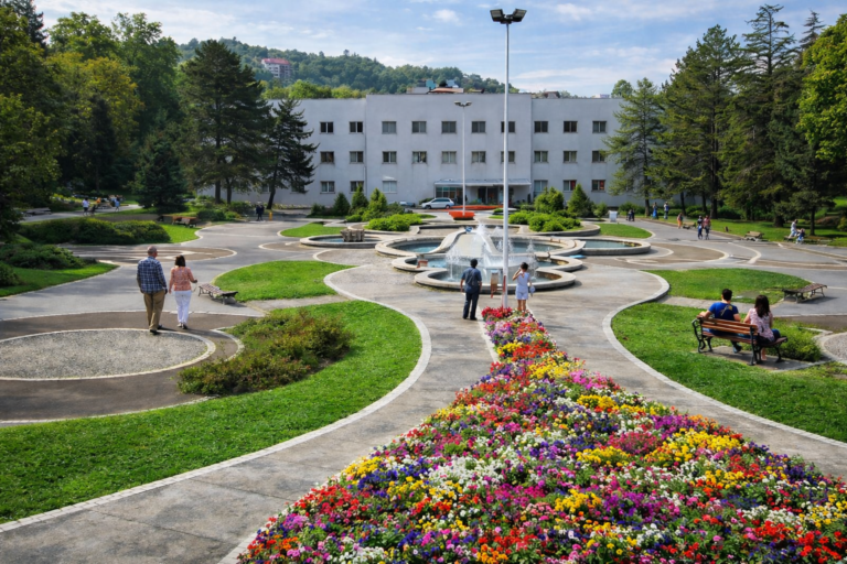 Niška Banja park sa fontanom i šarenim cvećem u centru banje