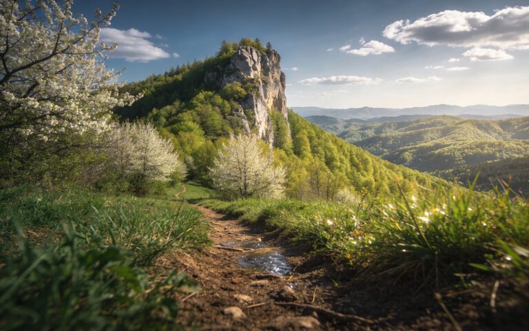 Planina Rudnik u Šumadiji, zeleni šumski obronci i stena Ostrvica pod plavim nebom, idealna destinacija za vikend odmor u Srbiji.