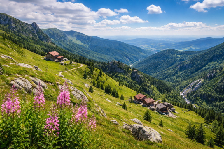 Planine u Srbiji za odmor – panoramski pogled na planinski pejzaž sa zelenim livadama i vikendicama