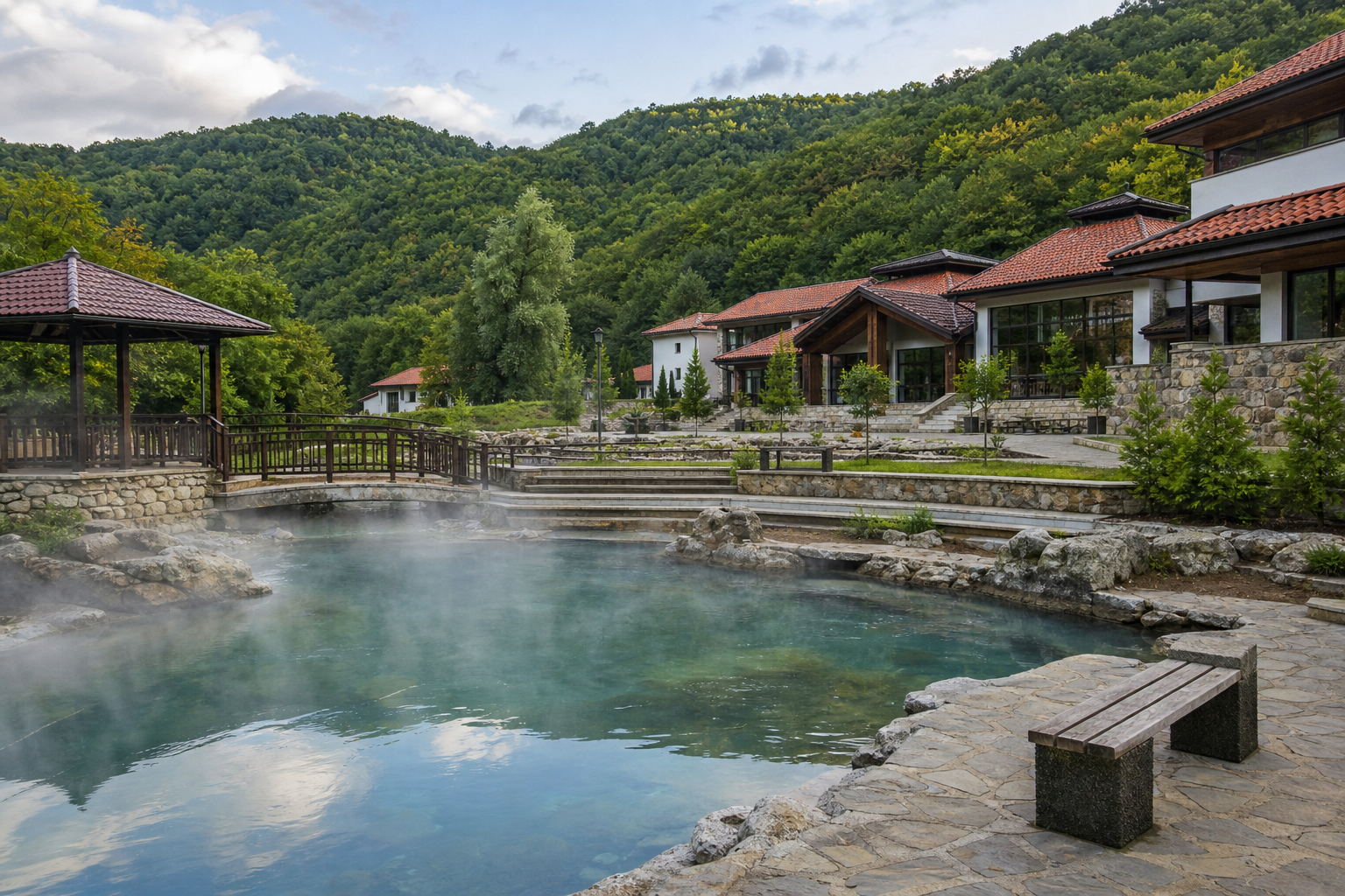Banja Gornja Trepča u Srbiji, termalni bazen sa blagom parom, moderan spa kompleks i zelena brda u mirnom prirodnom okruženju. ALT treba da opiše šta je zaista na slici, a ne da nabraja ključne reči bez smisla