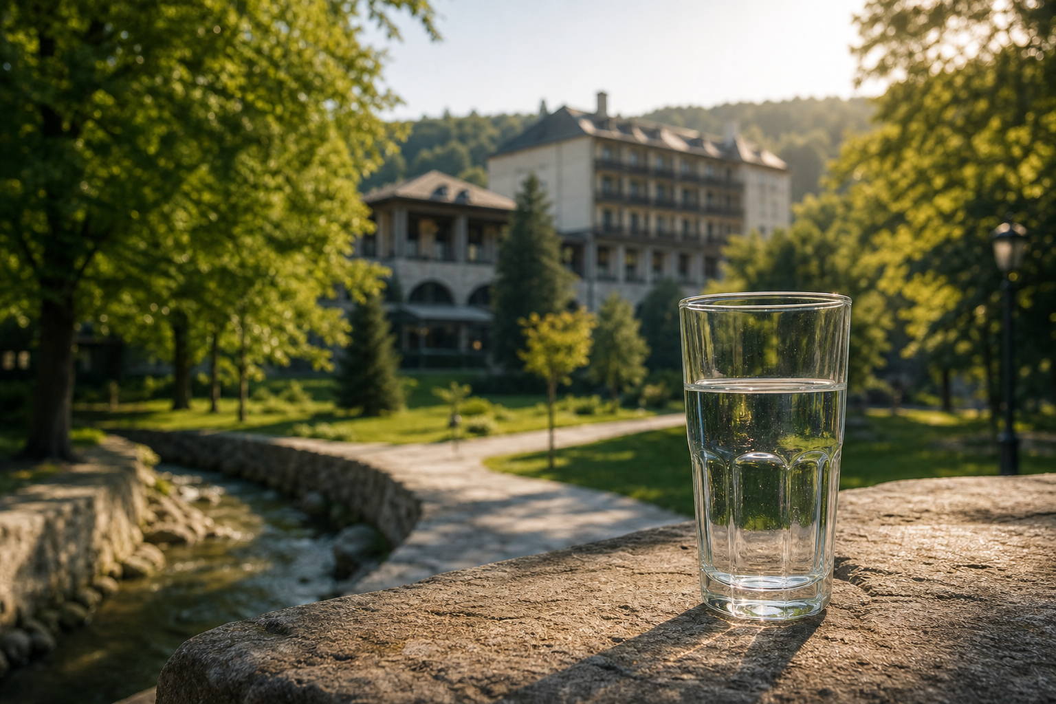 Banja u Srbiji sa čašom mineralne vode u prirodnom ambijentu