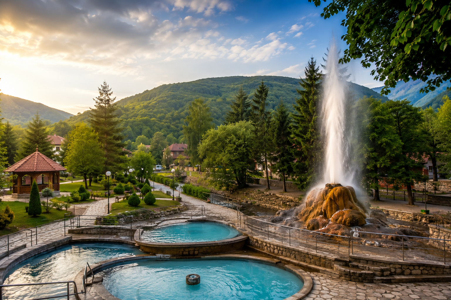 Sijarinska Banja sa prirodnim gejzirom, termalnim bazenima i planinskim okruženjem na jugu Srbije.