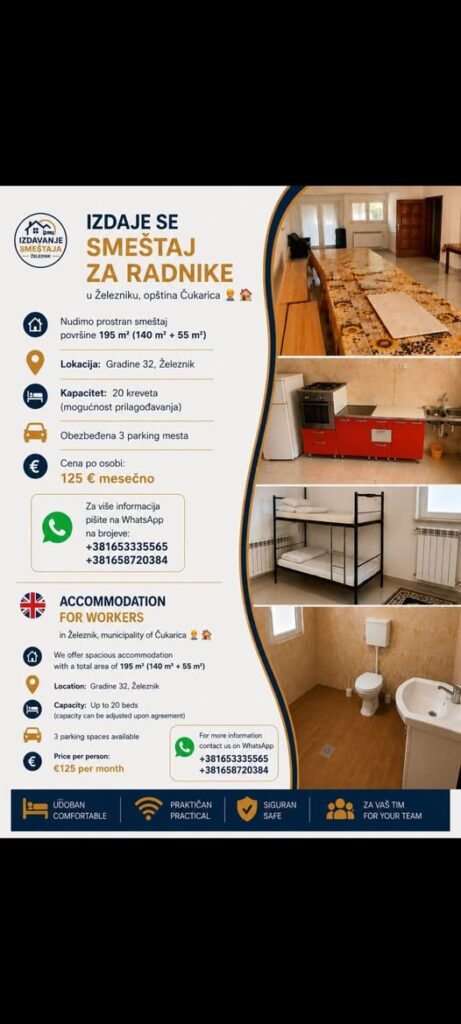 Smeštaj za radnike u Železniku – 125 € mesečno